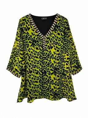 Metro 22 Leopard Print Tunic Top XXL 2X Green Black Beaded Rhinestone V Neck